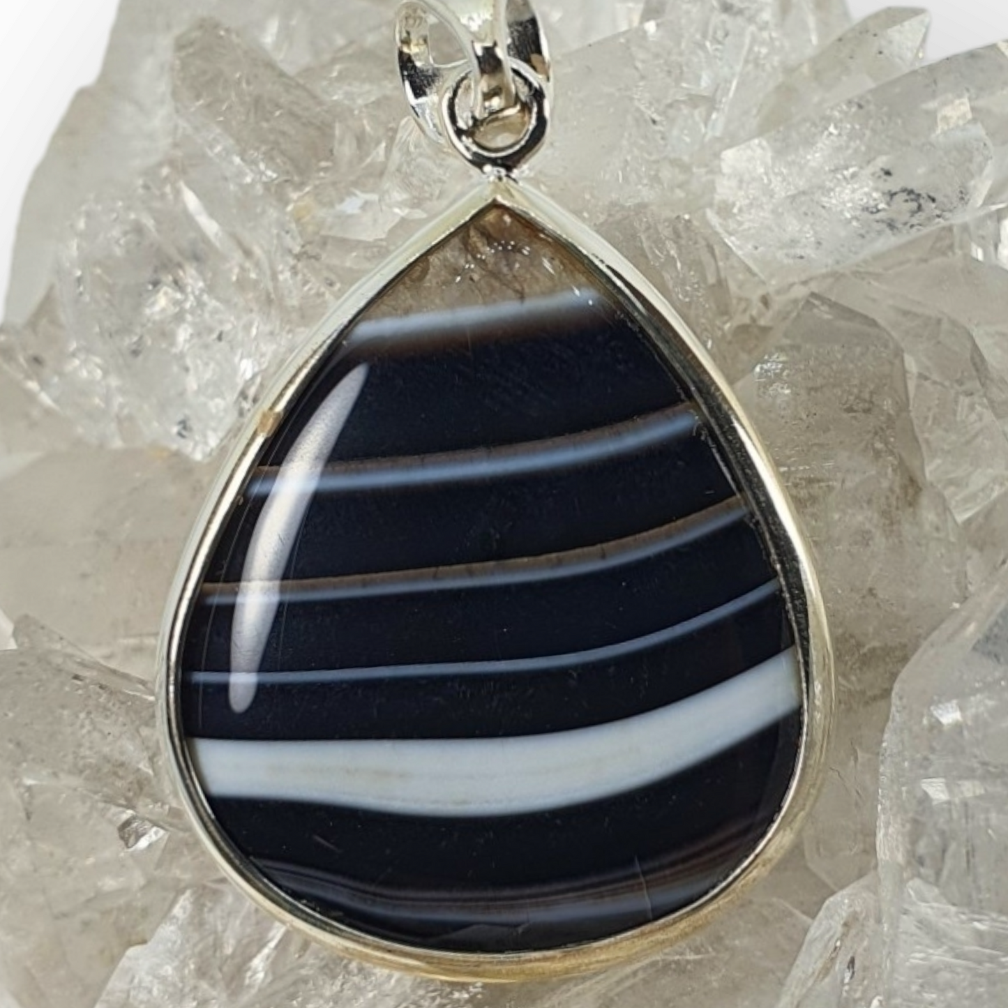 Crystals - Banded Onyx Cabochon Teardrop Pendant - Sterling Silver
