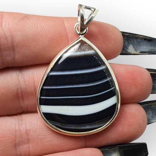 Crystals - Banded Onyx Cabochon Teardrop Pendant - Sterling Silver