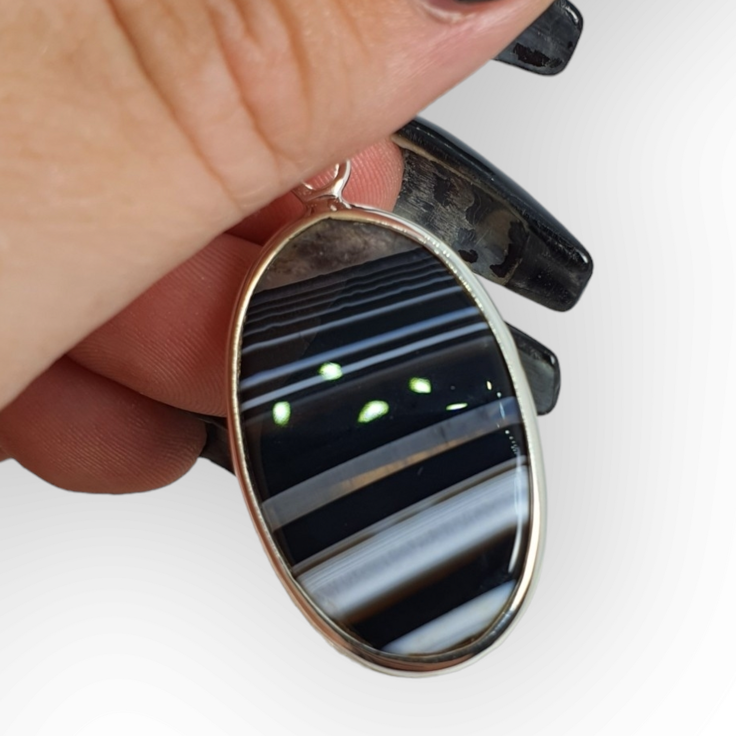 Crystals - Banded Onyx Oval Cabochon Pendant - Sterling Silver
