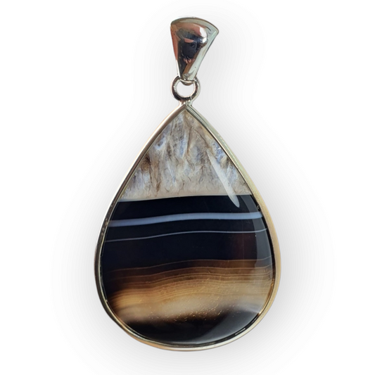 Crystals - Banded Onyx Teardrop Cabochon Pendant - Sterling Silver