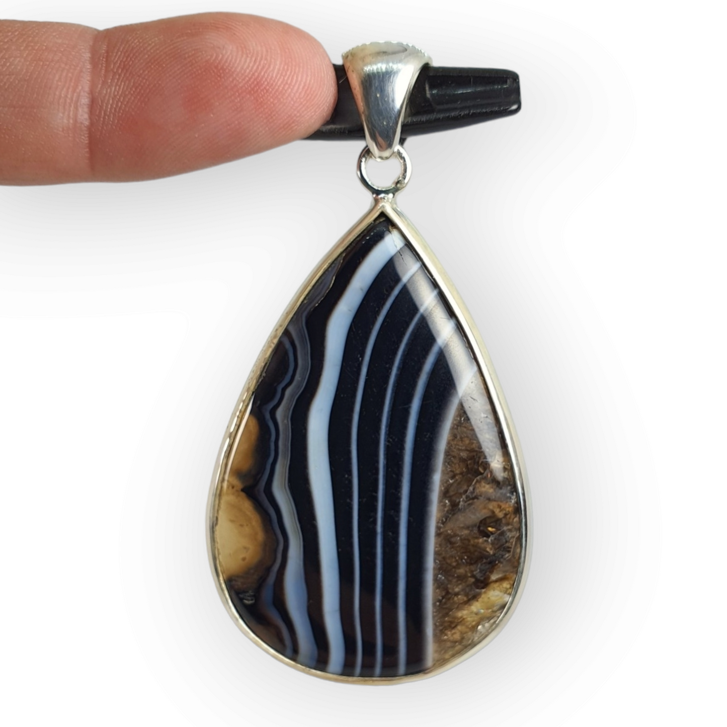Crystals - Banded Onyx Teardrop Cabochon Pendant - Sterling Silver