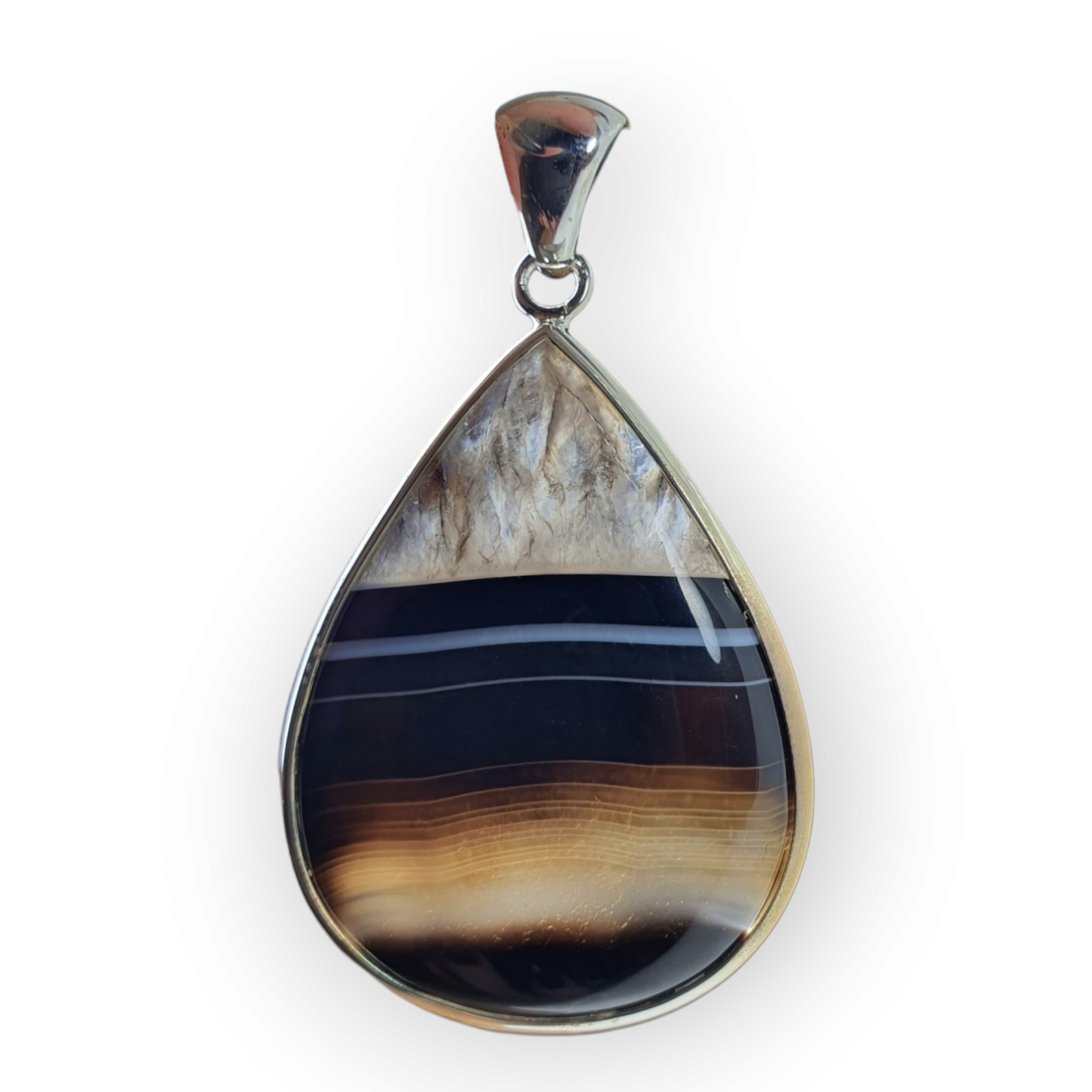 Crystals - Banded Onyx Teardrop Cabochon Pendant - Sterling Silver