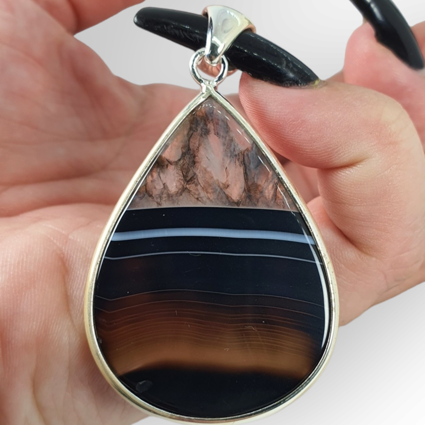 Crystals - Banded Onyx Teardrop Cabochon Pendant - Sterling Silver