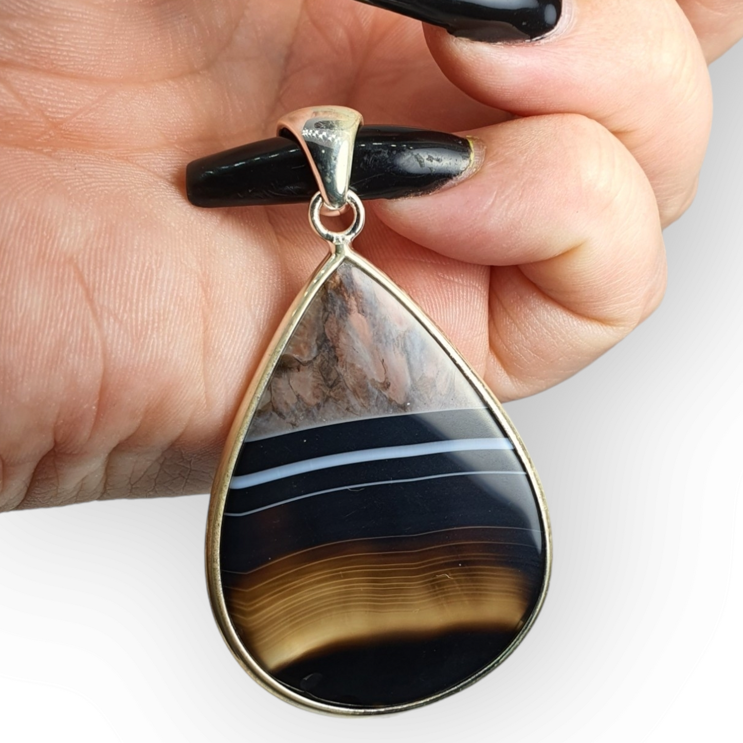 Crystals - Banded Onyx Teardrop Cabochon Pendant - Sterling Silver