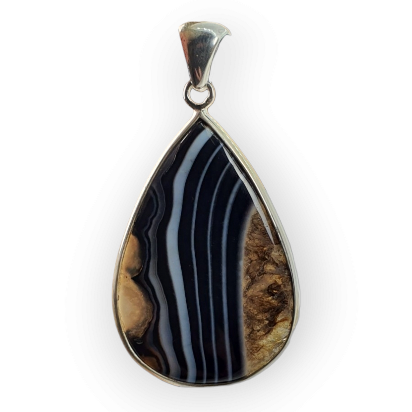 Crystals - Banded Onyx Teardrop Cabochon Pendant - Sterling Silver