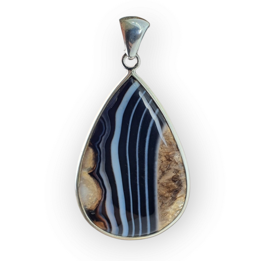 Crystals - Banded Onyx Teardrop Cabochon Pendant - Sterling Silver