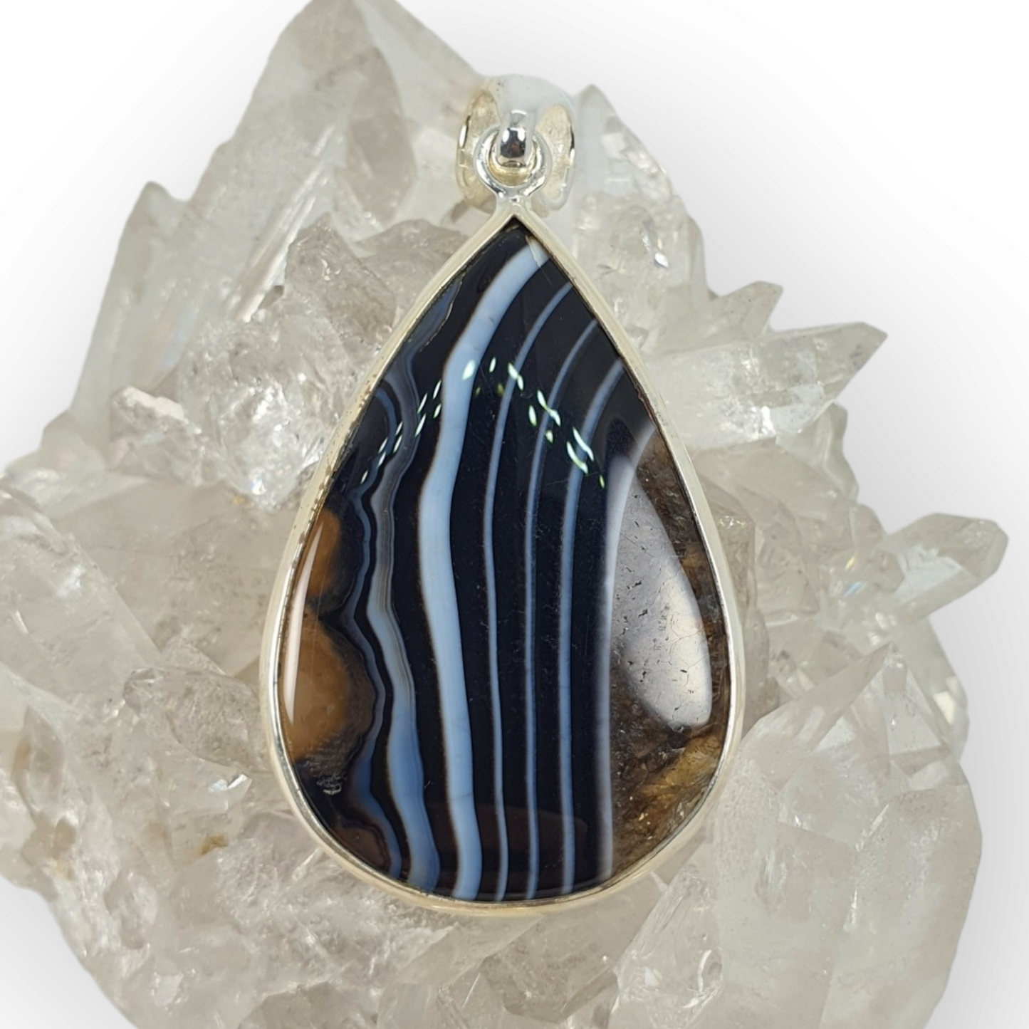 Crystals - Banded Onyx Teardrop Cabochon Pendant - Sterling Silver