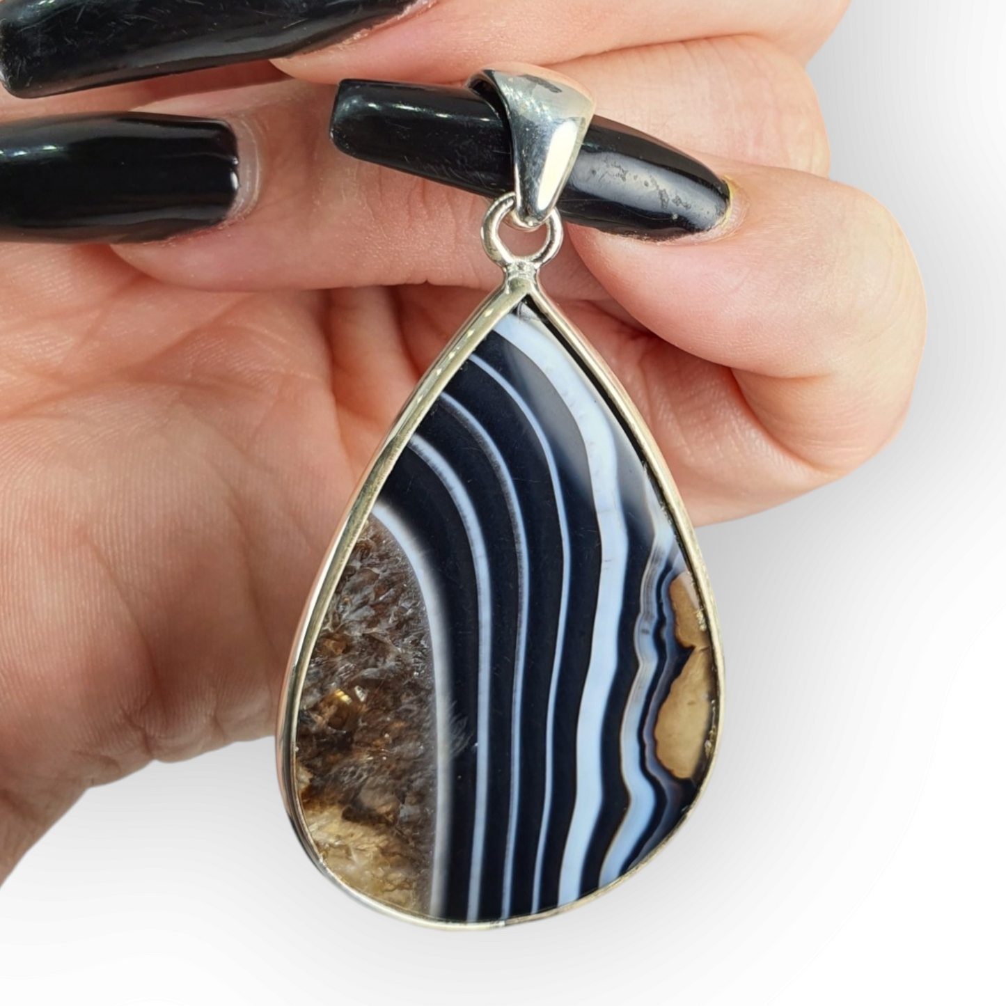 Crystals - Banded Onyx Teardrop Cabochon Pendant - Sterling Silver