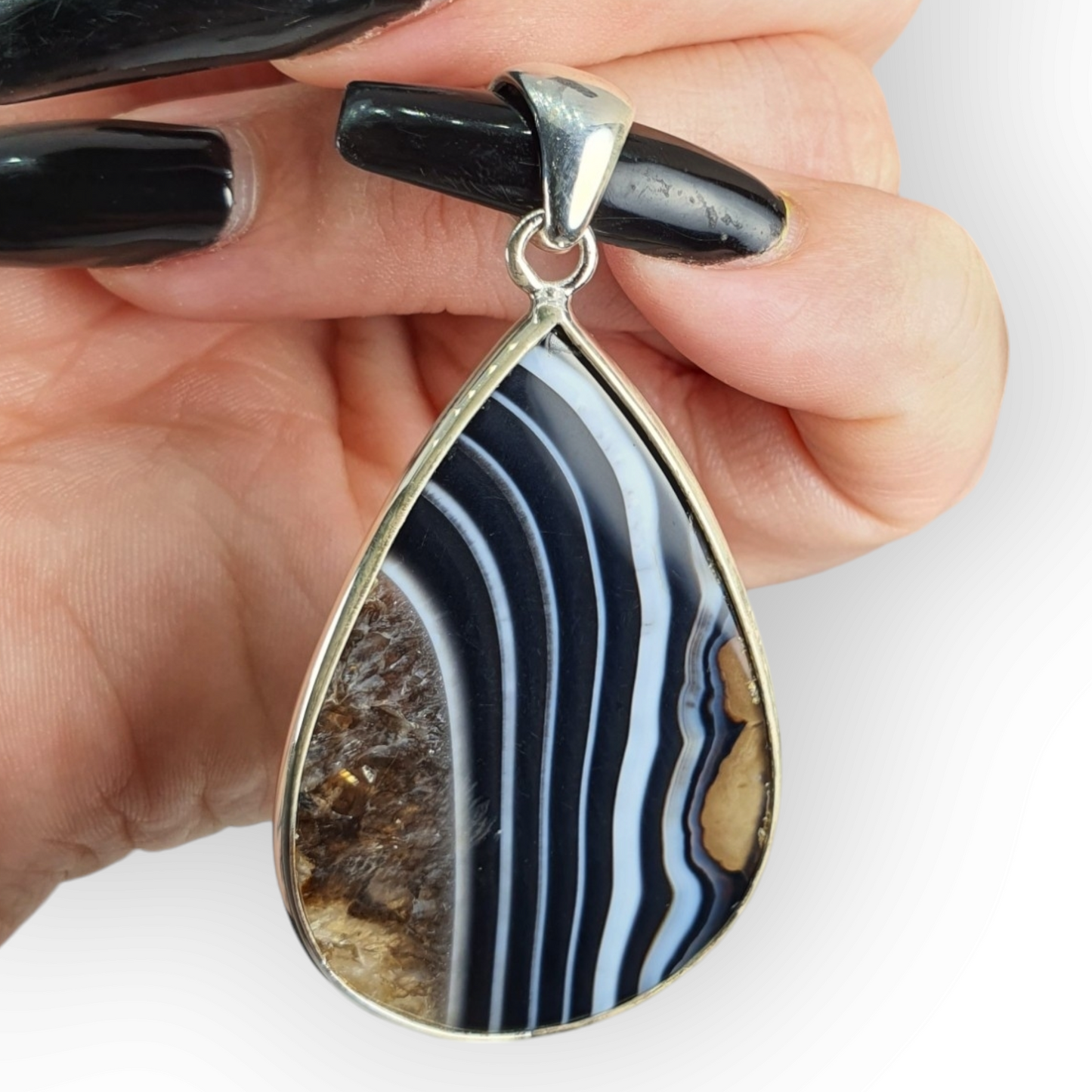 Crystals - Banded Onyx Teardrop Cabochon Pendant - Sterling Silver