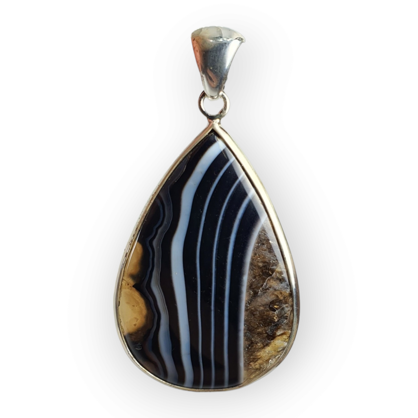 Crystals - Banded Onyx Teardrop Cabochon Pendant - Sterling Silver