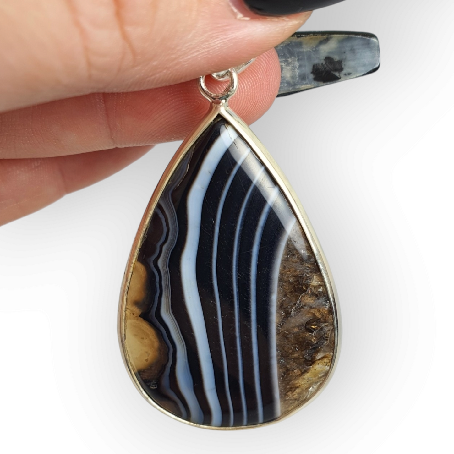 Crystals - Banded Onyx Teardrop Cabochon Pendant - Sterling Silver
