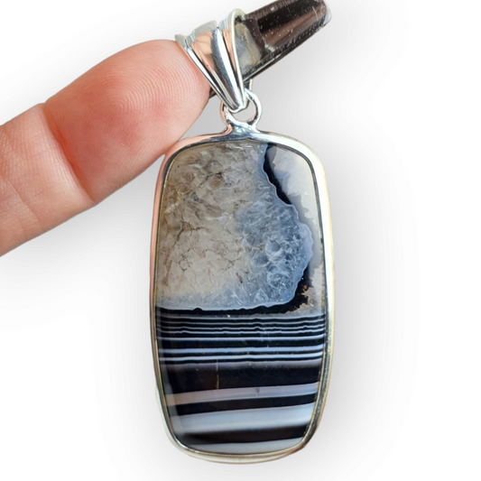 Crystals - Banded Onyx Cabochon Pendant - Sterling Silver