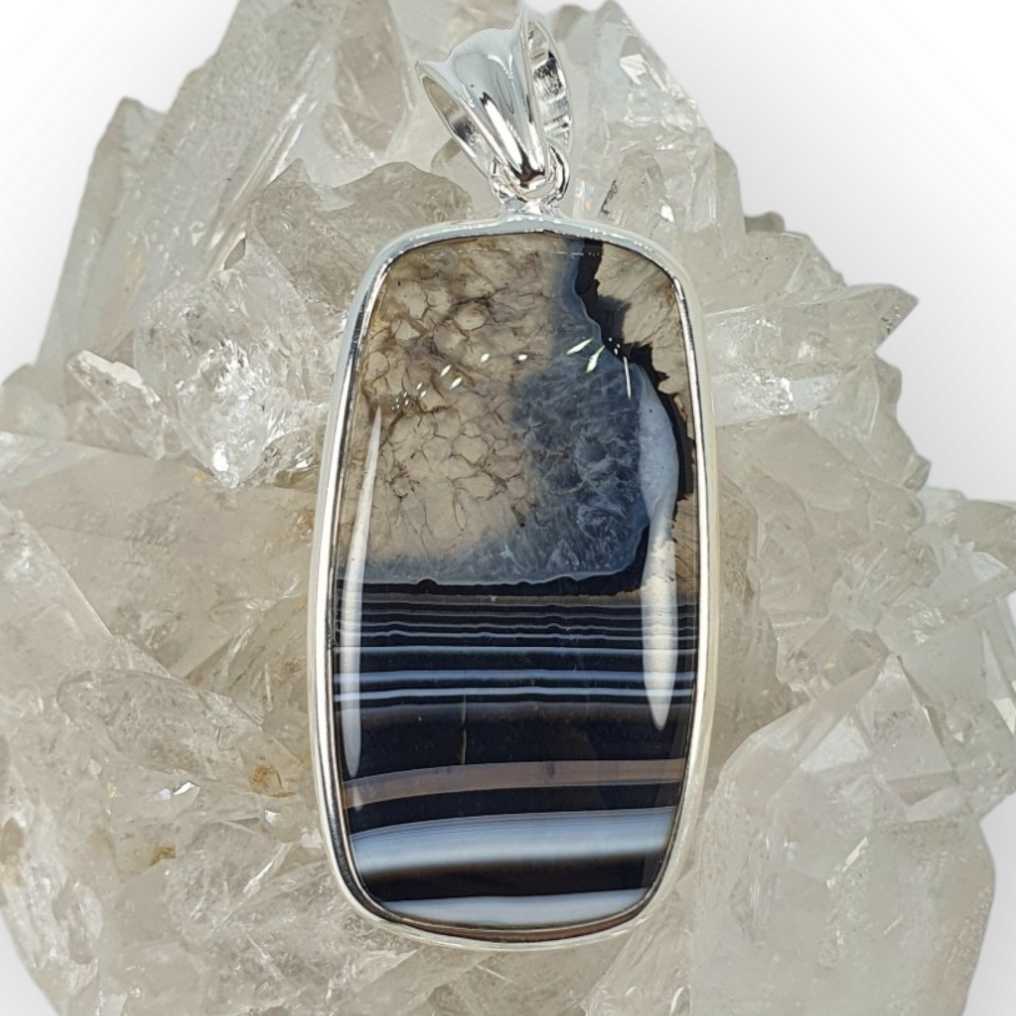 Crystals - Banded Onyx Cabochon Pendant - Sterling Silver