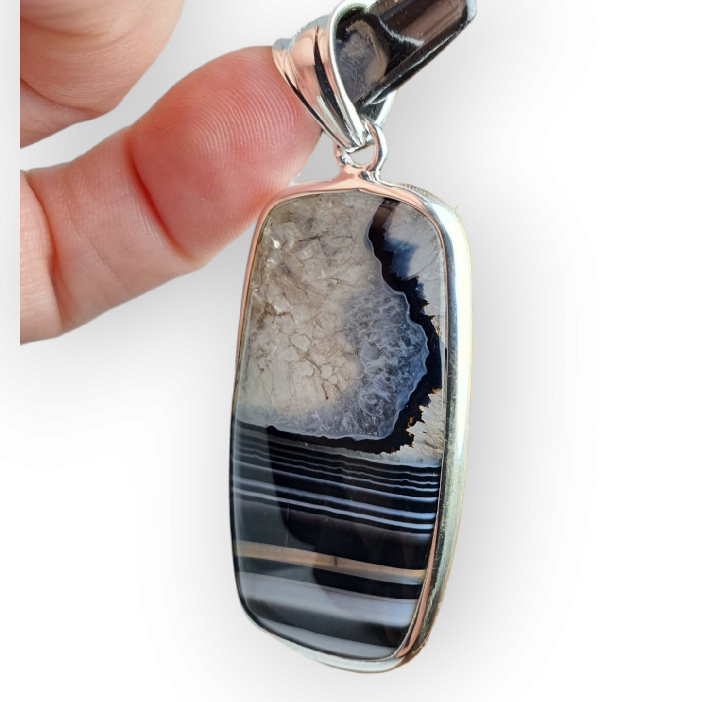 Crystals - Banded Onyx Cabochon Pendant - Sterling Silver