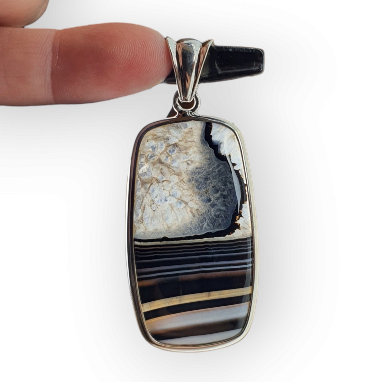 Crystals - Banded Onyx Cabochon Pendant - Sterling Silver