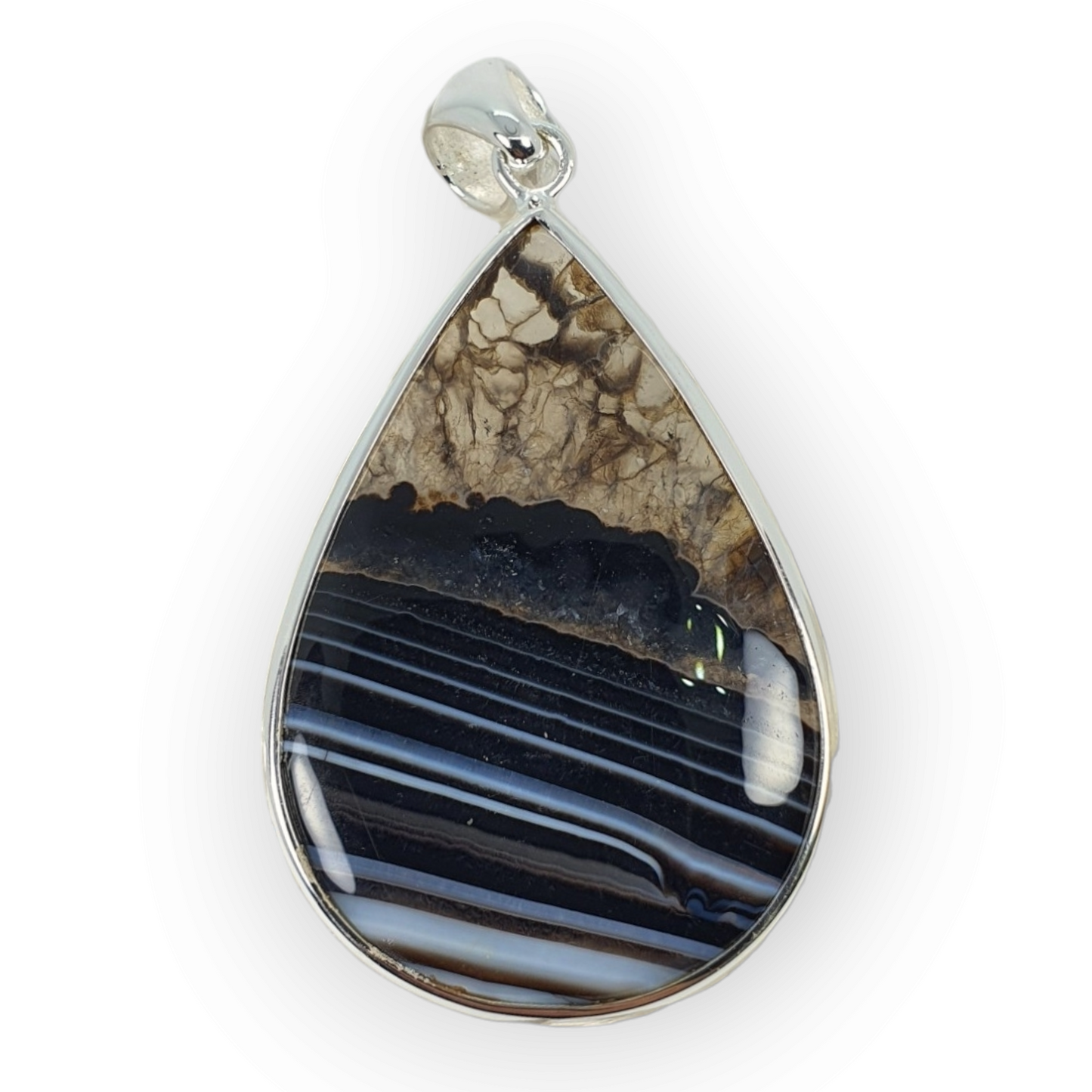 Crystals - Banded Onyx Teardrop Cabochon Pendant - Sterling Silver