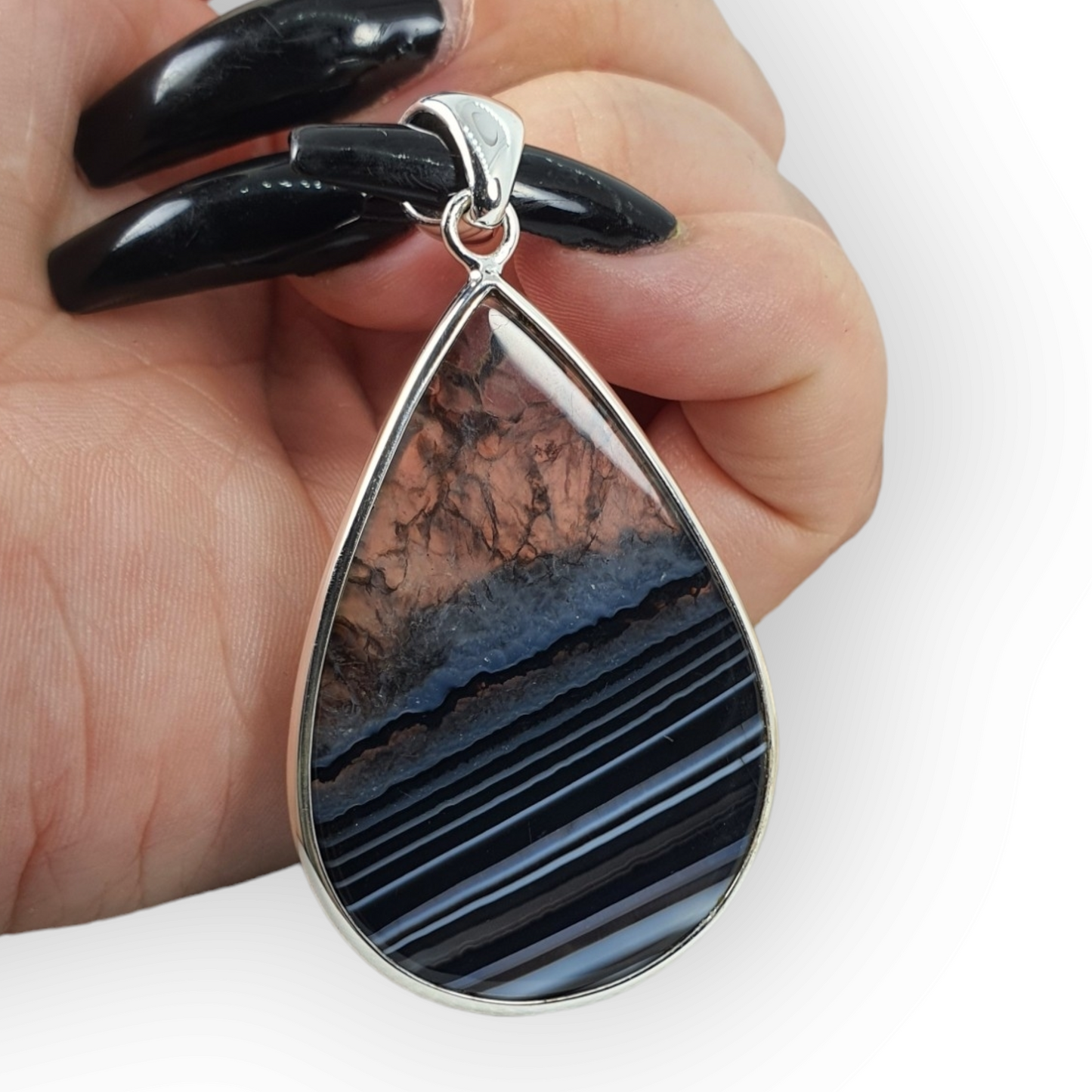 Crystals - Banded Onyx Teardrop Cabochon Pendant - Sterling Silver