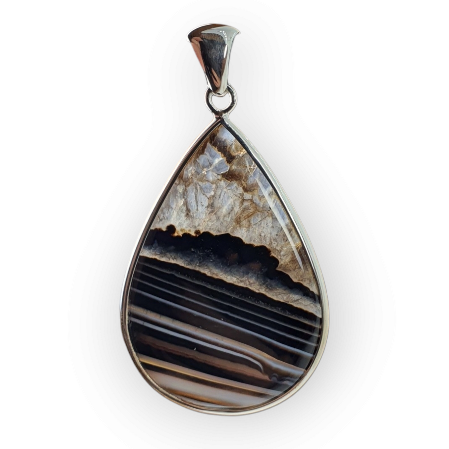 Crystals - Banded Onyx Teardrop Cabochon Pendant - Sterling Silver