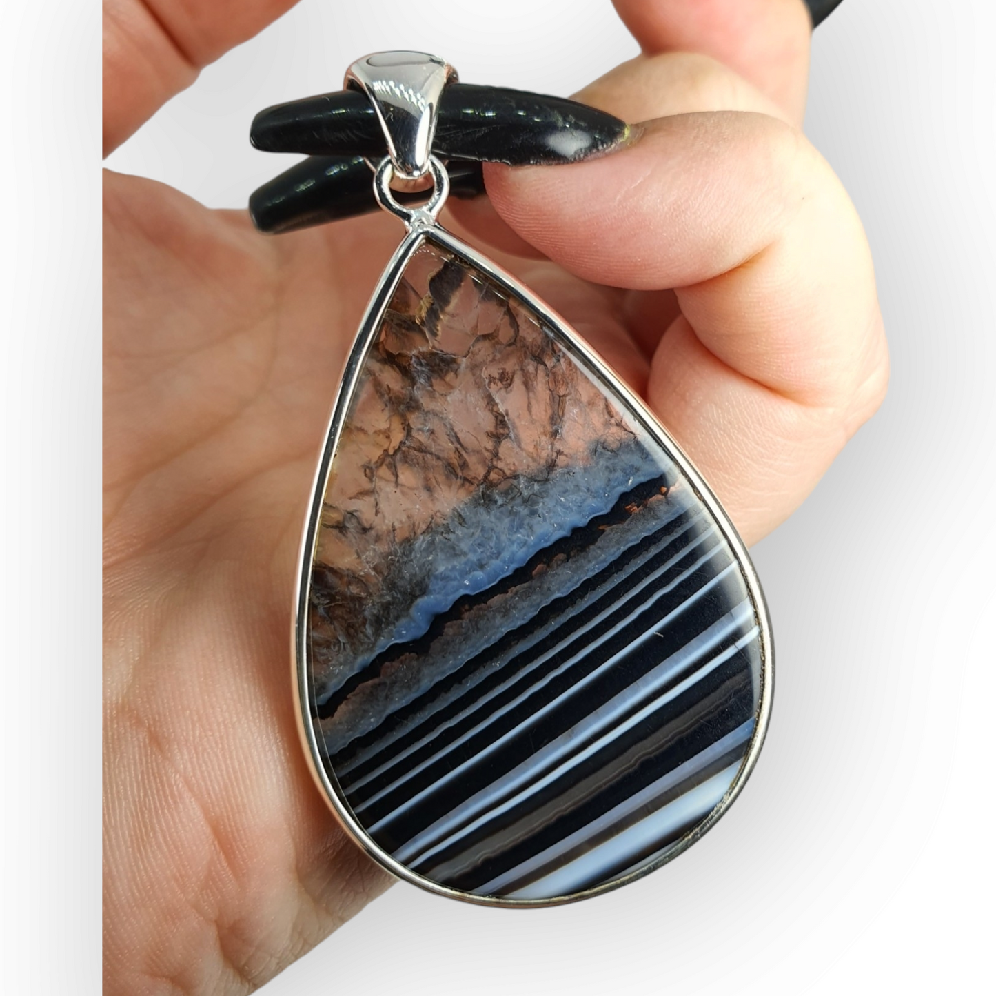 Crystals - Banded Onyx Teardrop Cabochon Pendant - Sterling Silver