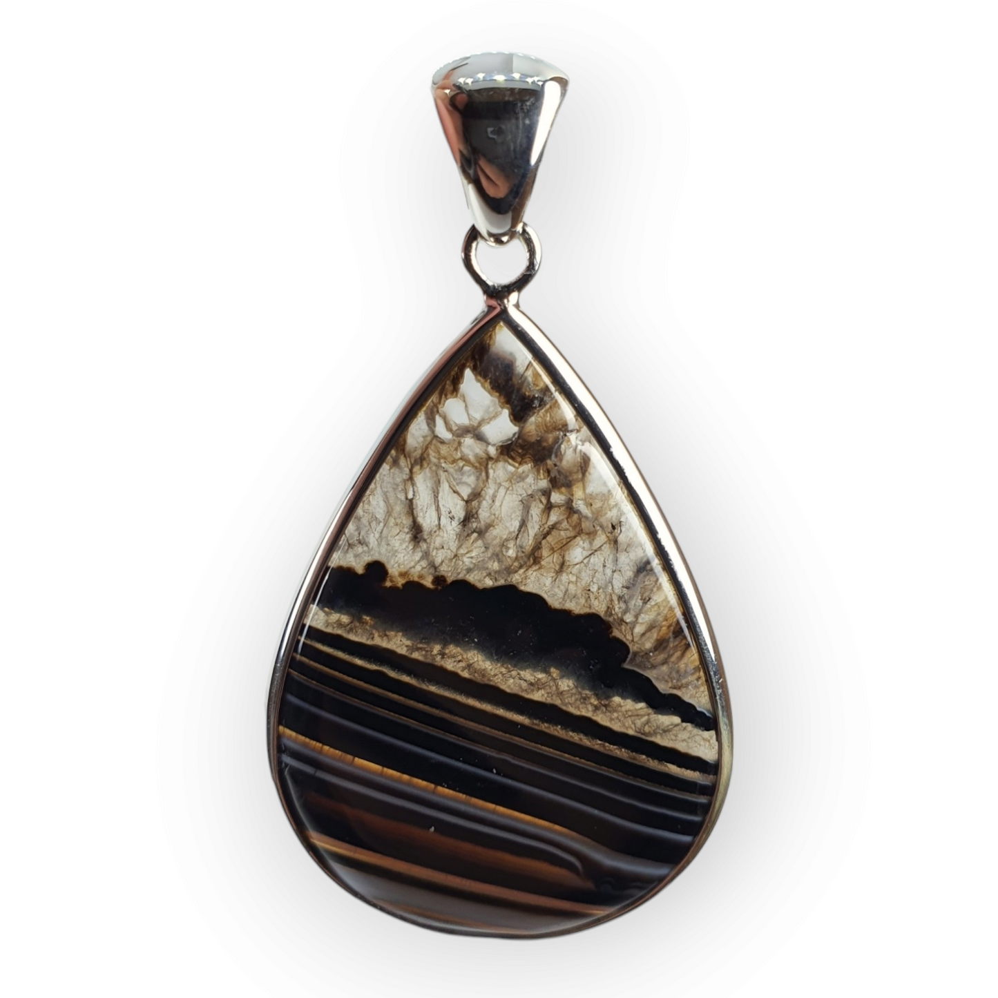 Crystals - Banded Onyx Teardrop Cabochon Pendant - Sterling Silver