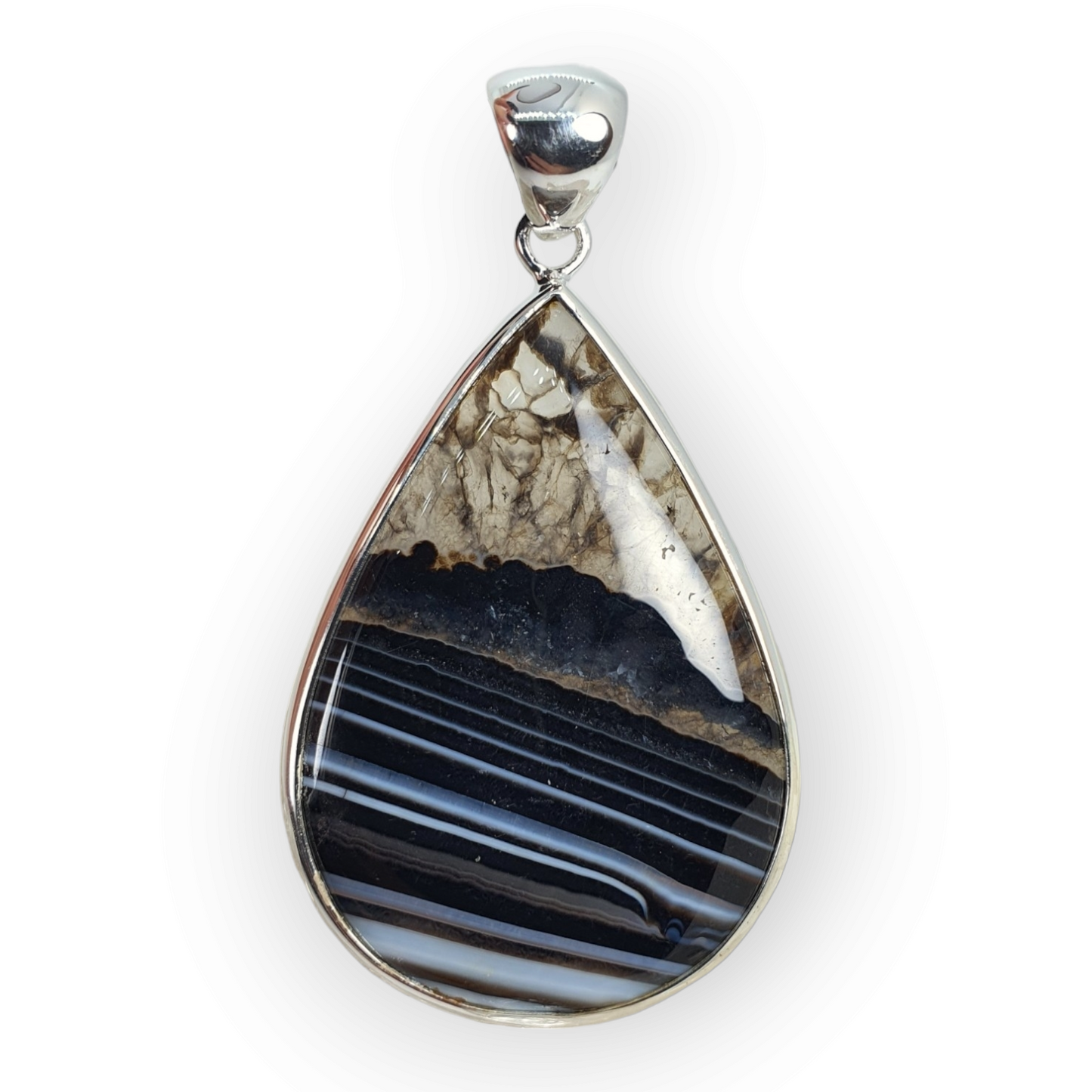 Crystals - Banded Onyx Teardrop Cabochon Pendant - Sterling Silver