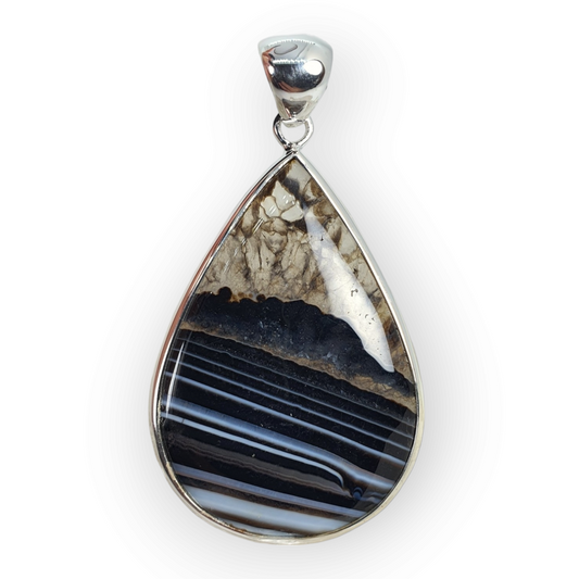 Crystals - Banded Onyx Teardrop Cabochon Pendant - Sterling Silver