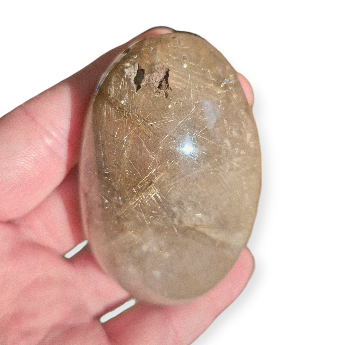 Crystals - Golden Rutile in Clear Quartz Palmstone