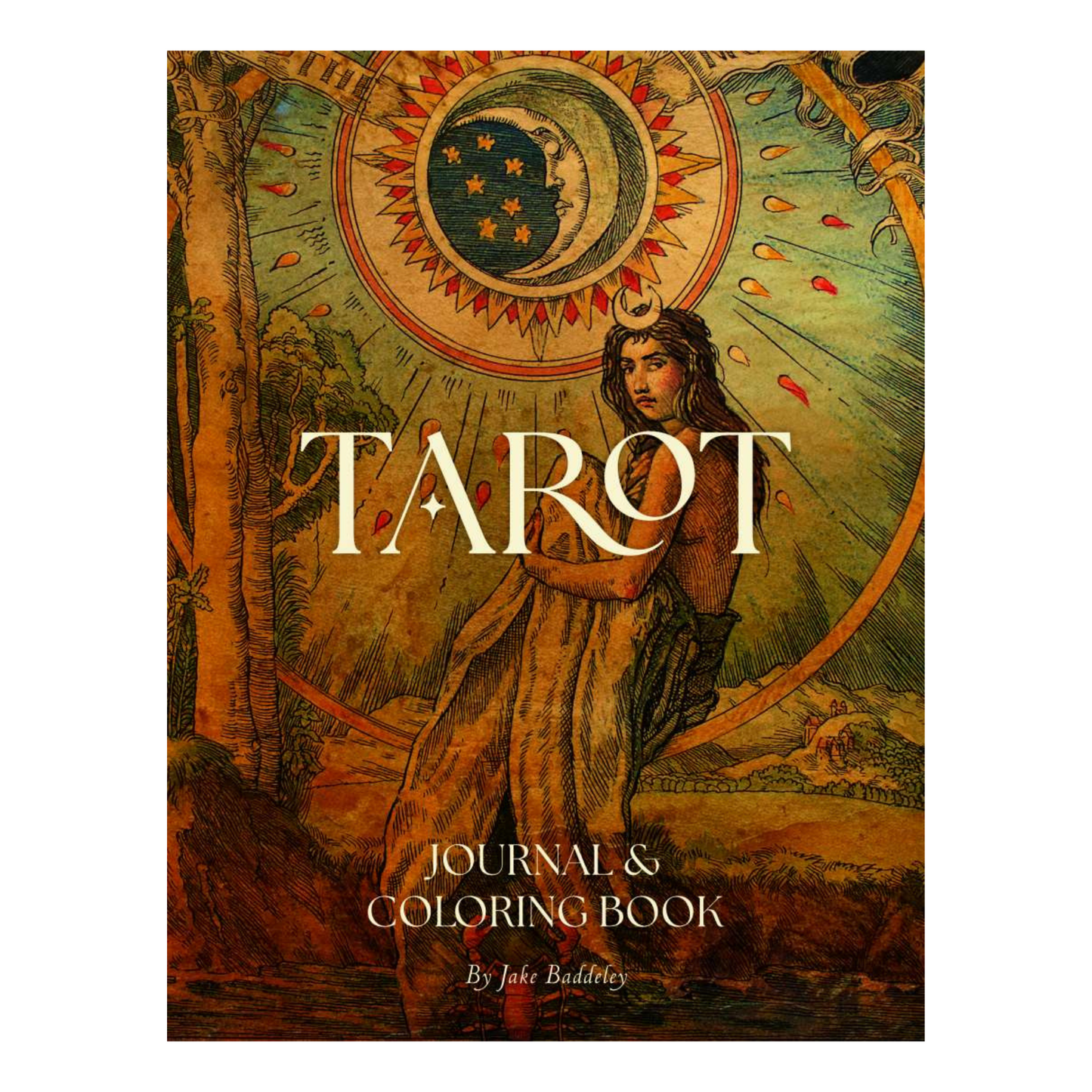 Book cover of 'Tarot Journal & Coloring Book' with a tarot card design and a person holding a moon symbol.