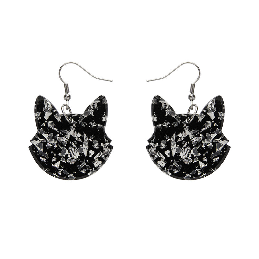 Erstwilder - Solid Cat Head Chunky Glitter Resin Drop Earrings - Silver