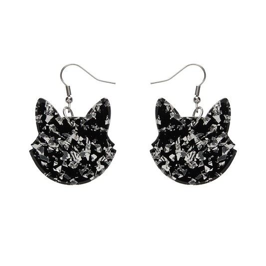 Erstwilder - Solid Cat Head Chunky Glitter Resin Drop Earrings - Silver