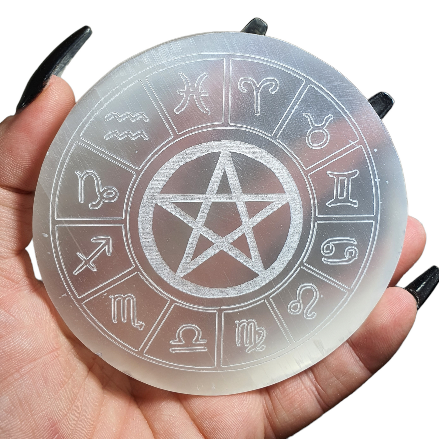 Crystals - Selenite Crystal Grid/Charging Plate with Pentagram and Symbols