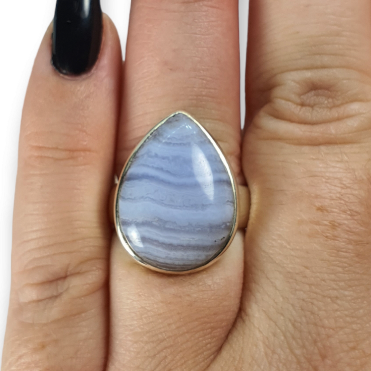 Crystals - Agate (Blue Lace) Teardrop Cabochon Ring - Sterling Silver