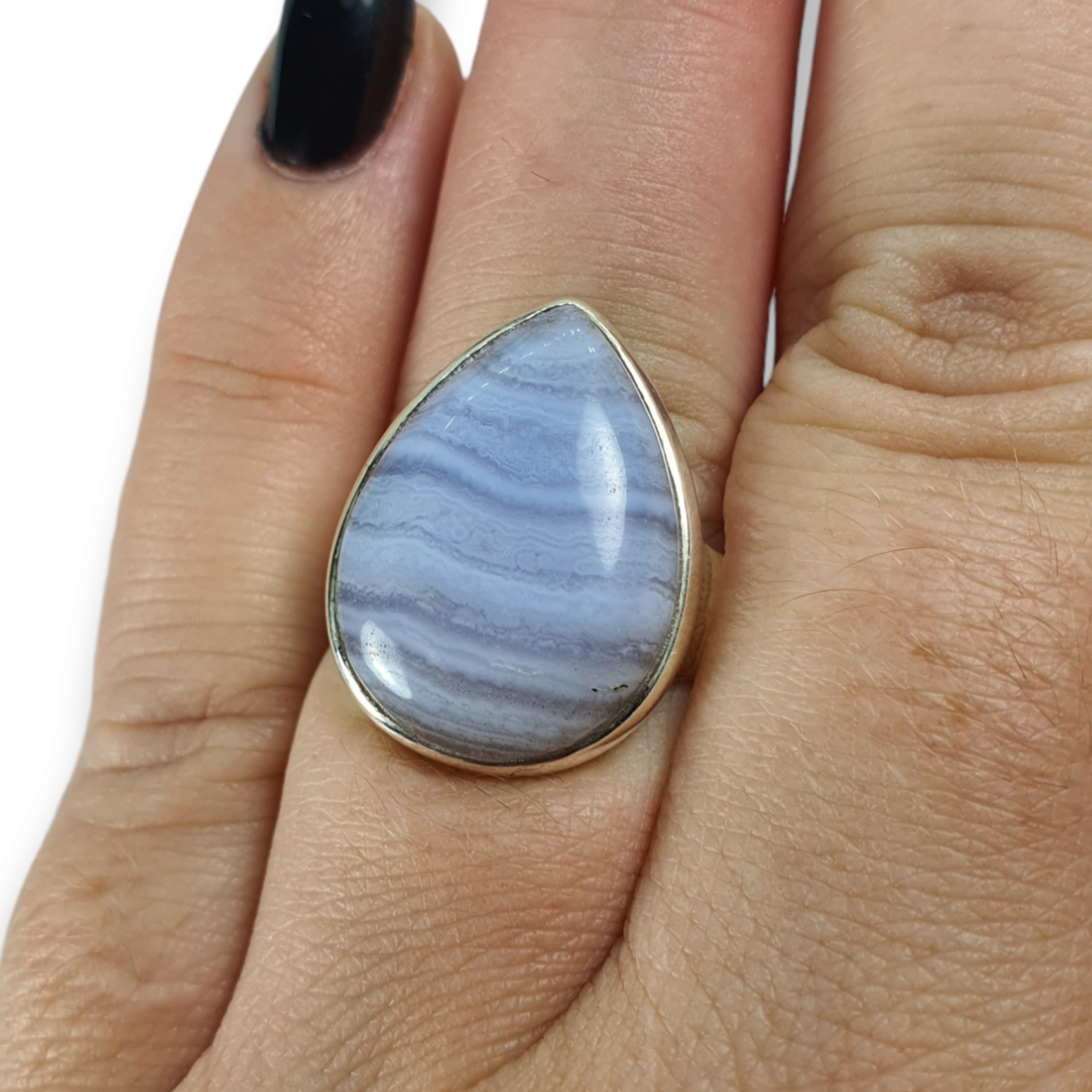 Crystals - Agate (Blue Lace) Teardrop Cabochon Ring - Sterling Silver