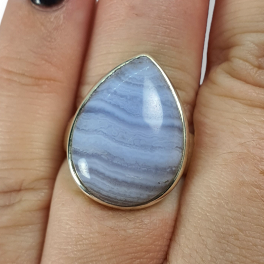 Crystals - Agate (Blue Lace) Teardrop Cabochon Ring - Sterling Silver