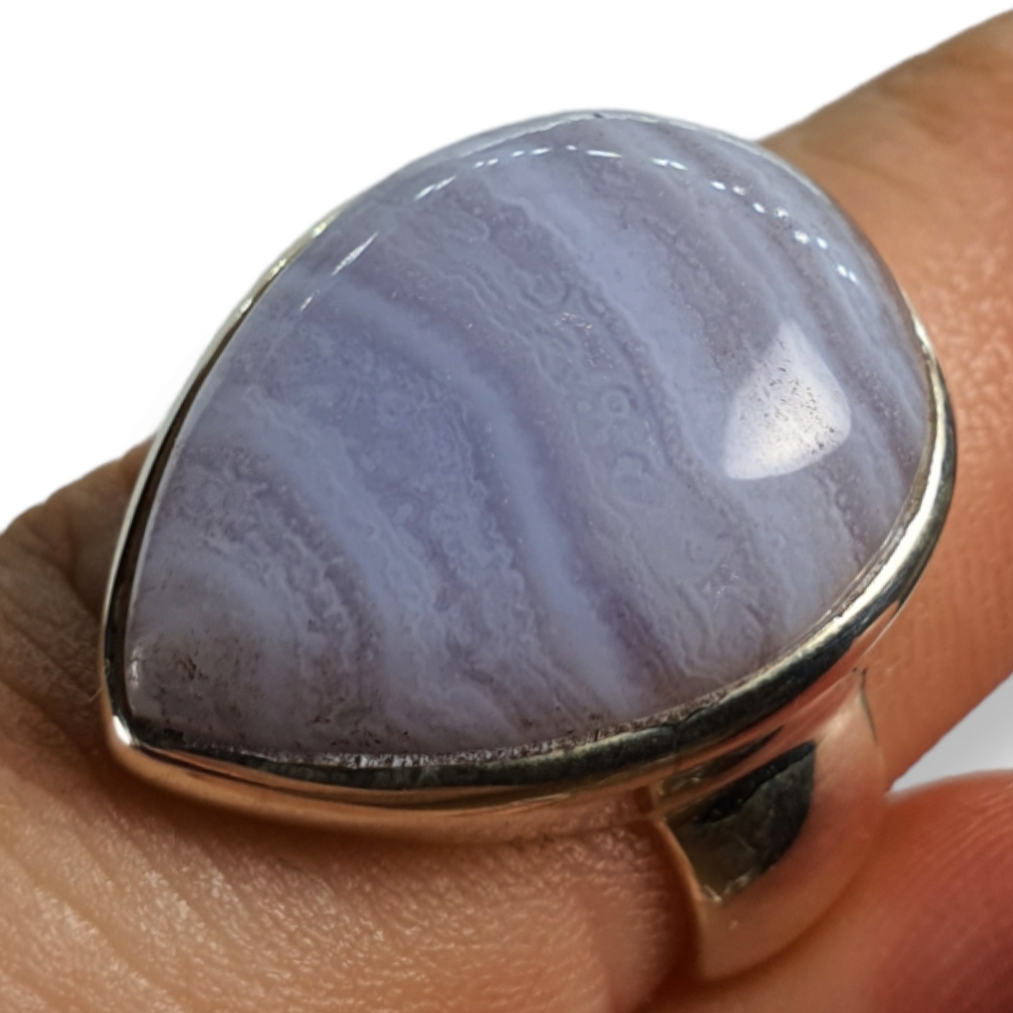 Crystals - Agate (Blue Lace) Teardrop Cabochon Ring - Sterling Silver
