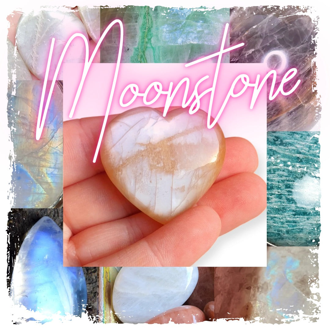 Beautiful moonstone crystal heart with iridescent hues, held in hand. This stunning collage showcases various moonstone varieties, highlighting their mystical glow and ethereal beauty.