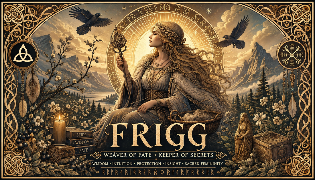 Norse Goddess. Frig, seated and surrounded by mountains, candles, offerings, ravens, and Norse-inspired decoration
