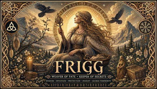 Norse Goddess. Frig, seated and surrounded by mountains, candles, offerings, ravens, and Norse-inspired decoration