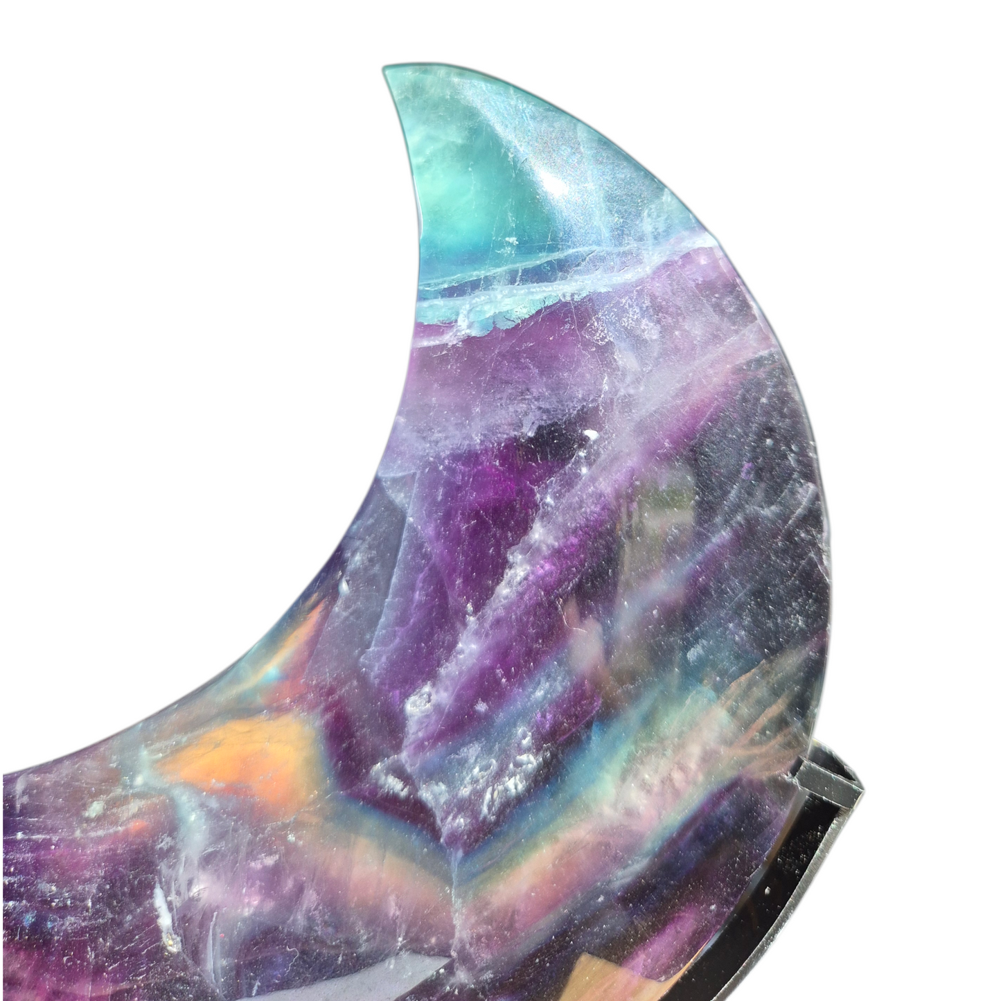 Crystals - Rainbow Fluorite Polished Moon with Stand