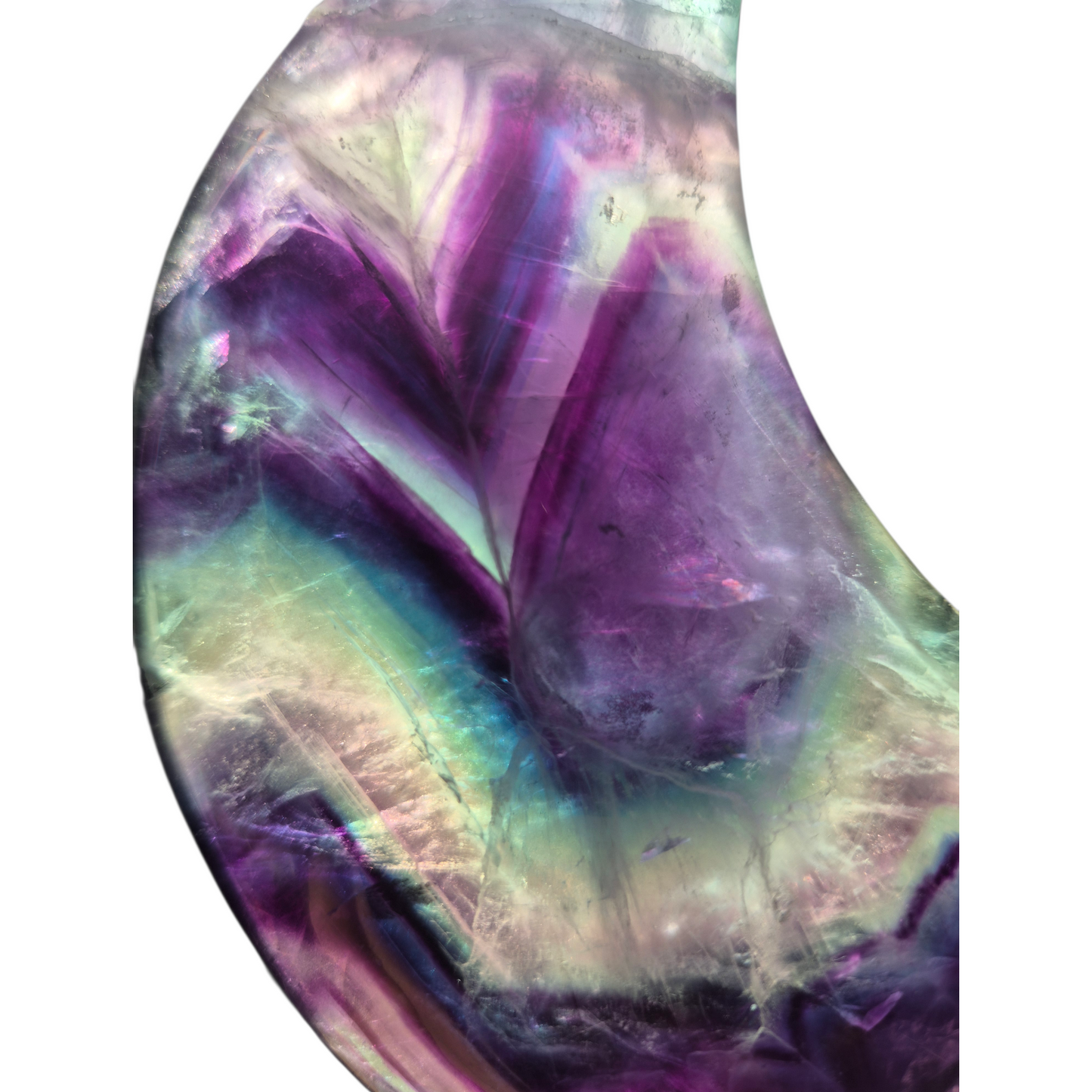 Crystals - Rainbow Fluorite Polished Moon with Stand