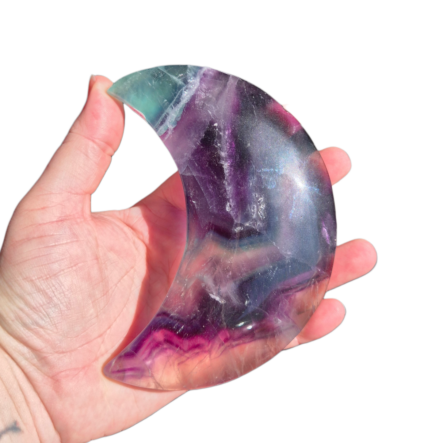 Crystals - Rainbow Fluorite Polished Moon with Stand