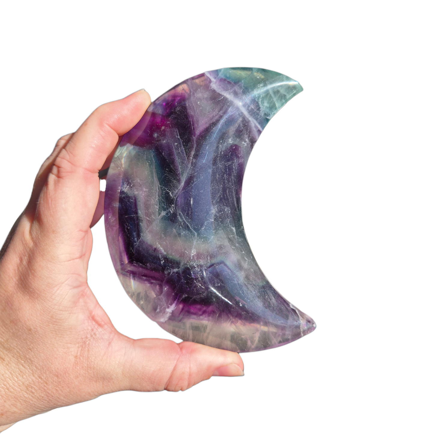 Crystals - Rainbow Fluorite Polished Moon with Stand