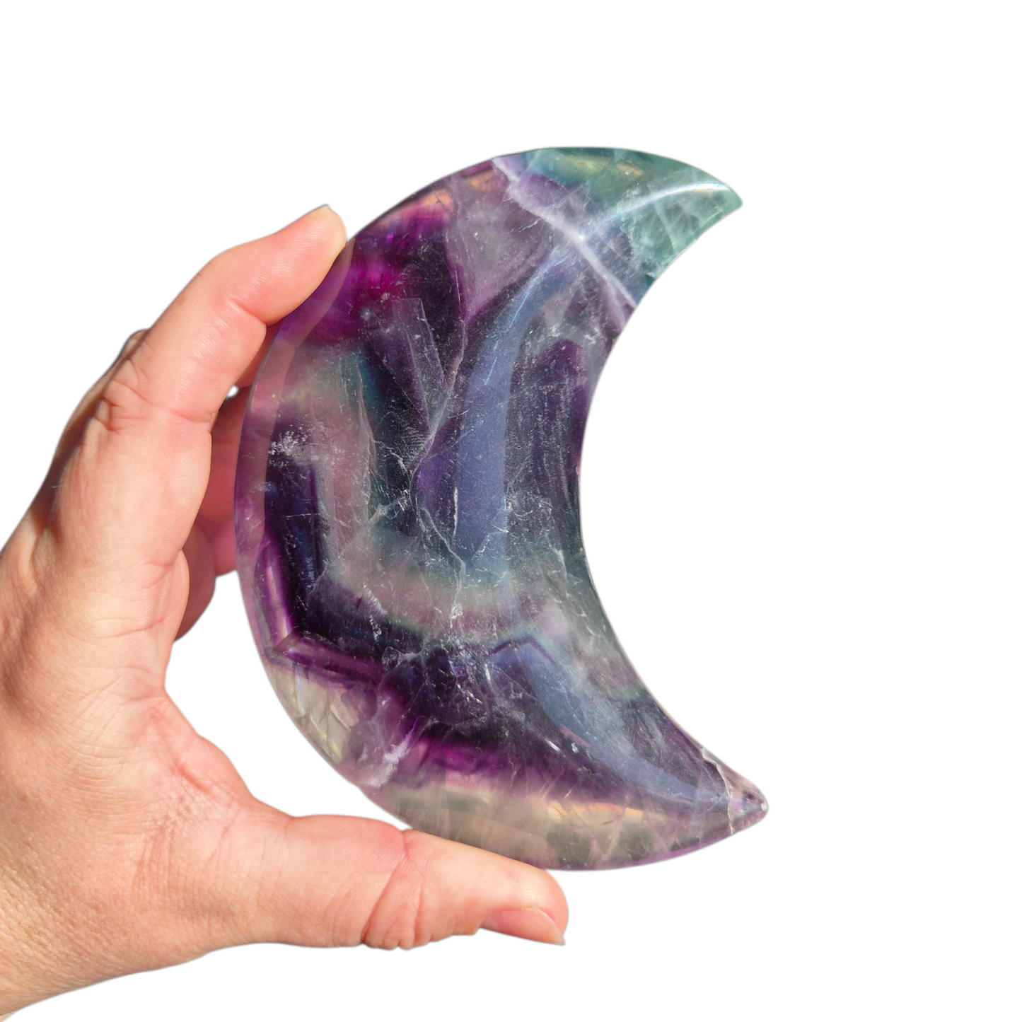 Crystals - Rainbow Fluorite Polished Moon with Stand