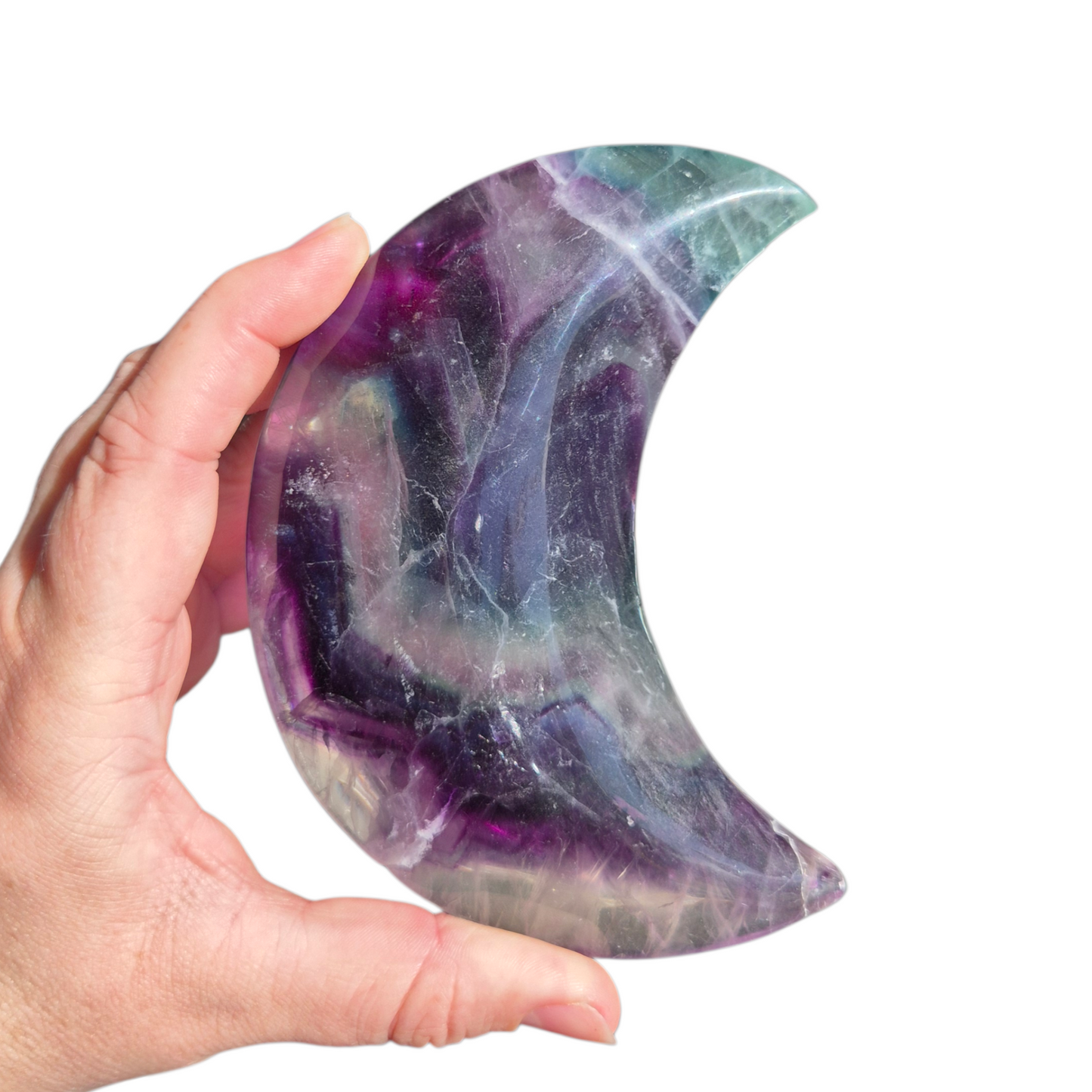 Crystals - Rainbow Fluorite Polished Moon with Stand