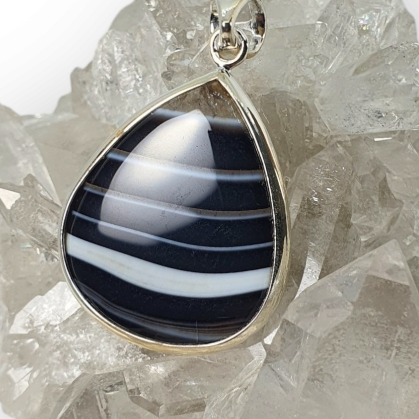 Crystals - Banded Onyx Cabochon Teardrop Pendant - Sterling Silver