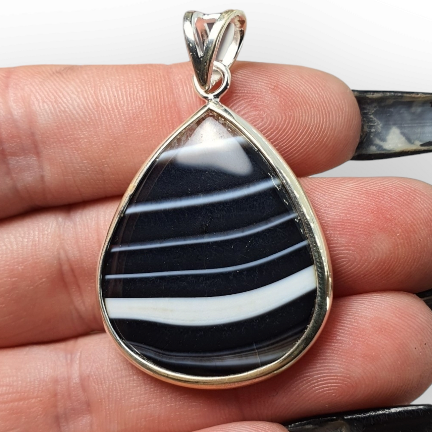 Crystals - Banded Onyx Cabochon Teardrop Pendant - Sterling Silver
