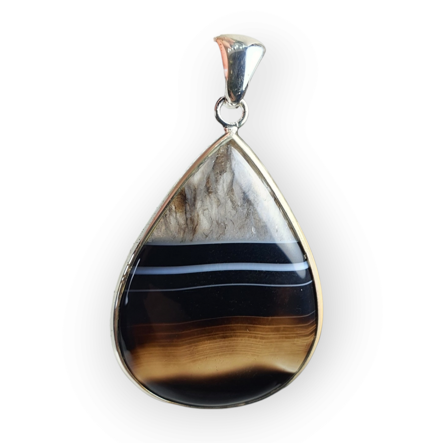 Crystals - Banded Onyx Teardrop Cabochon Pendant - Sterling Silver