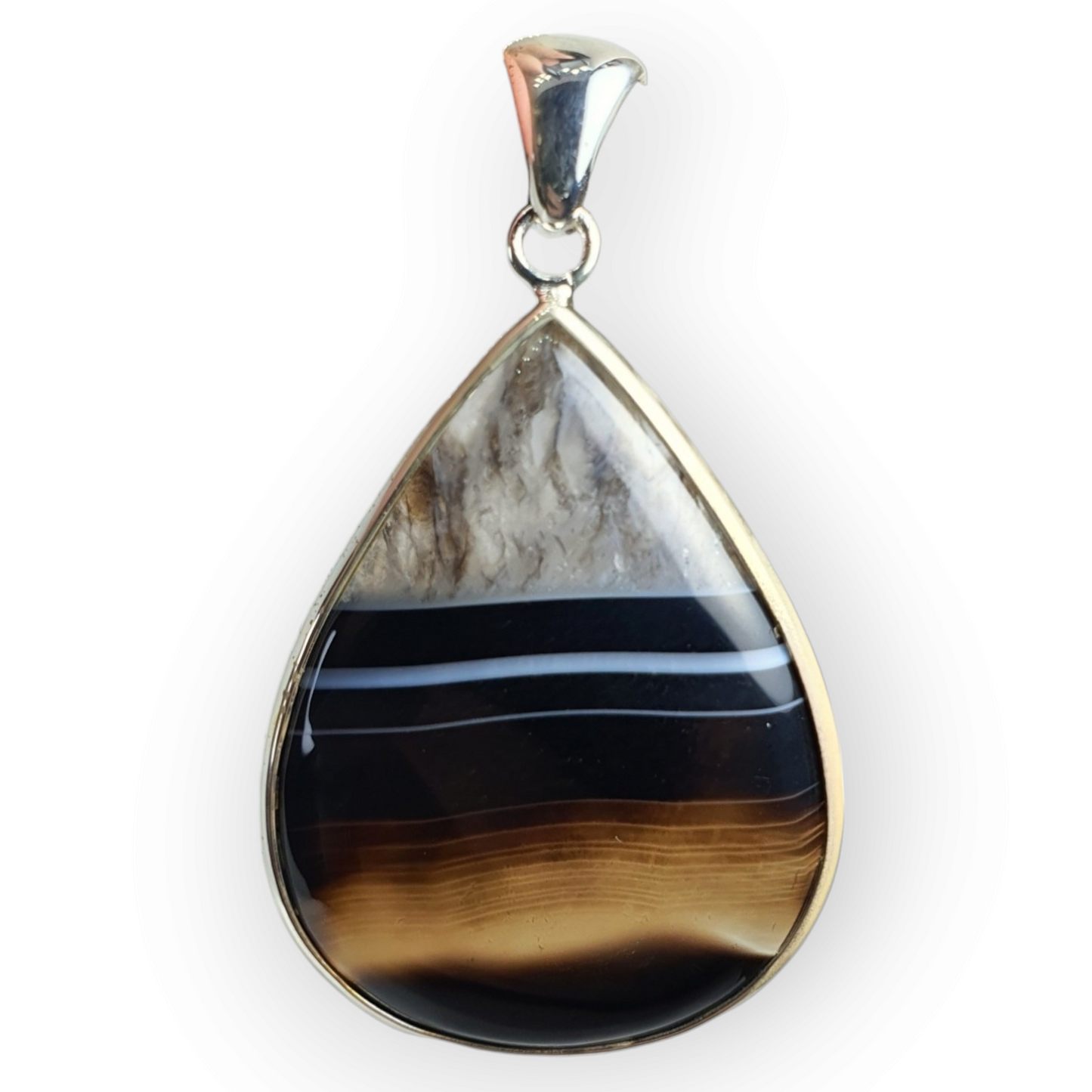 Crystals - Banded Onyx Teardrop Cabochon Pendant - Sterling Silver