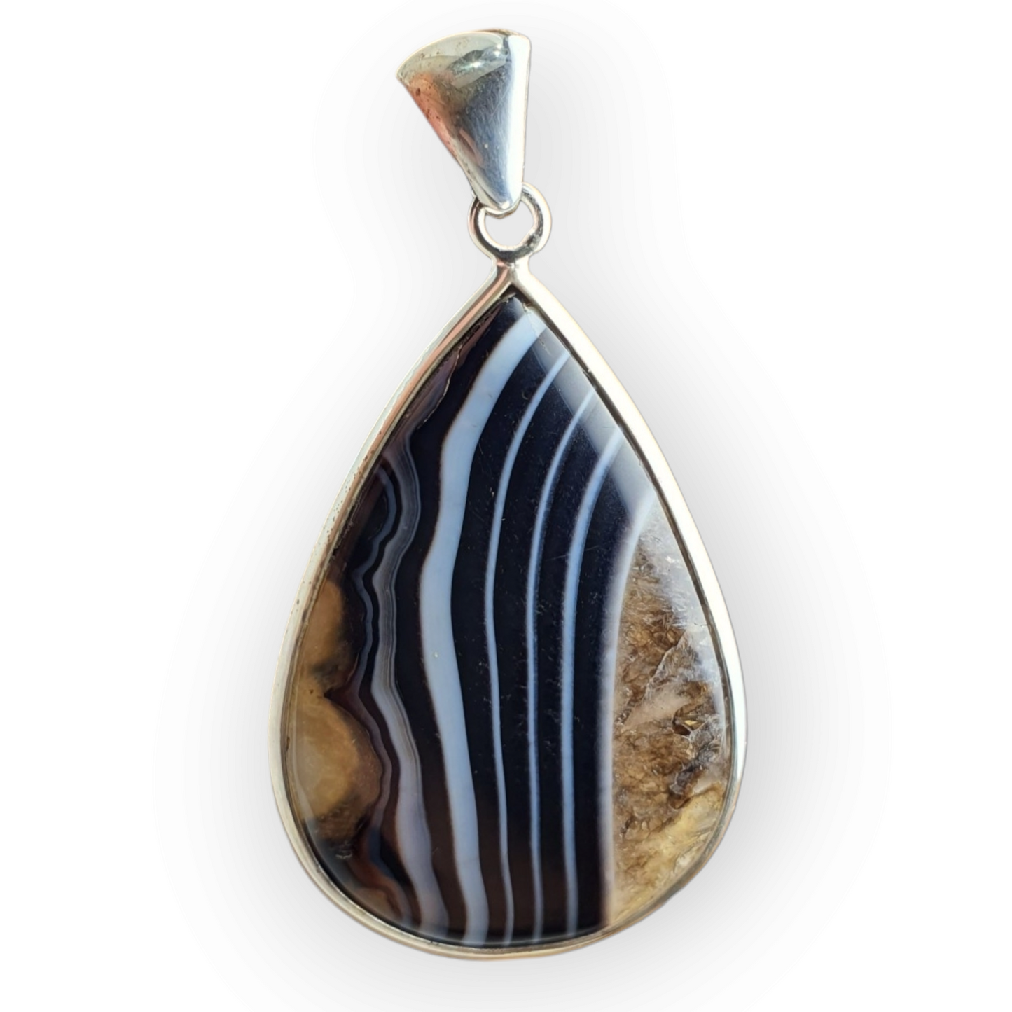 Crystals - Banded Onyx Teardrop Cabochon Pendant - Sterling Silver