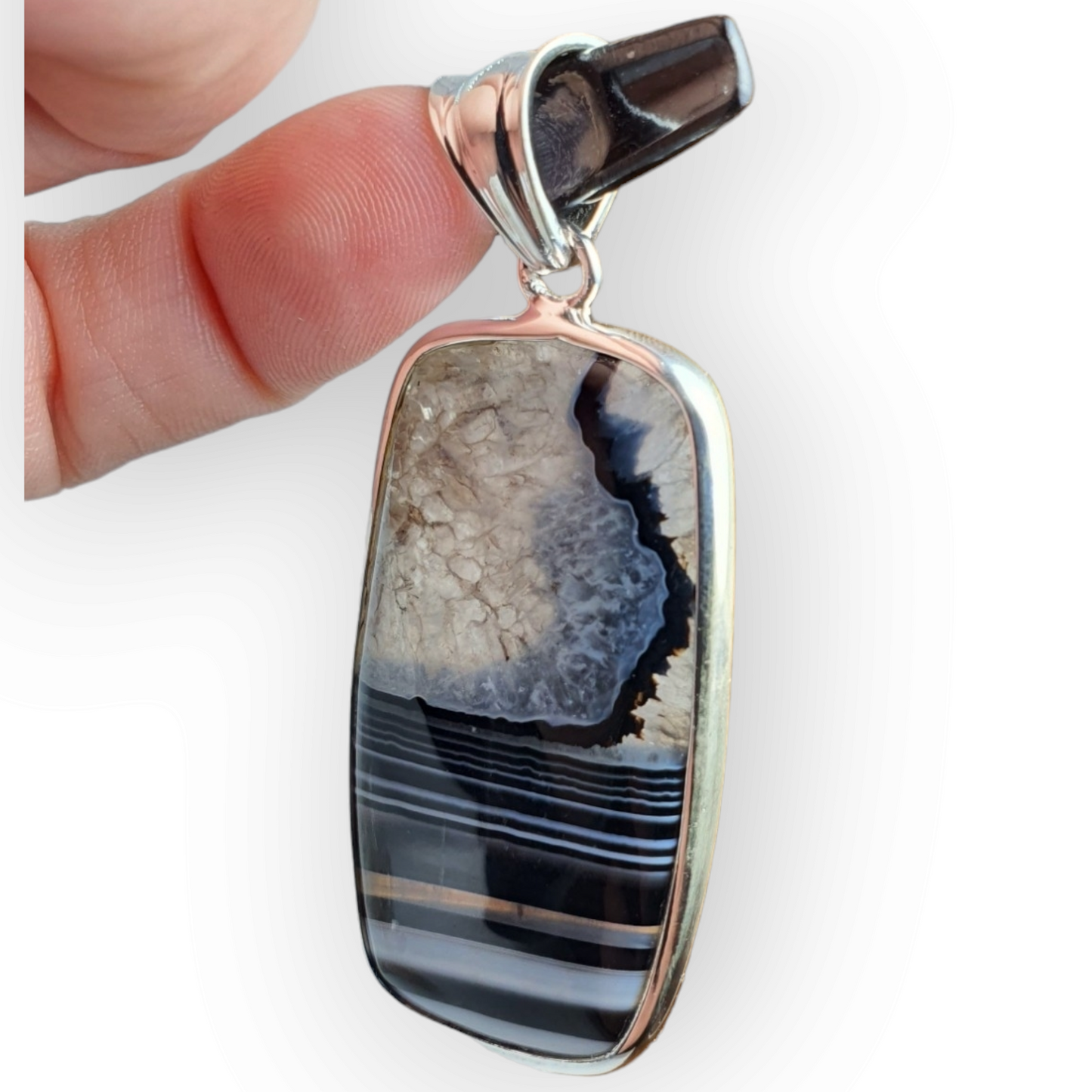 Crystals - Banded Onyx Cabochon Pendant - Sterling Silver